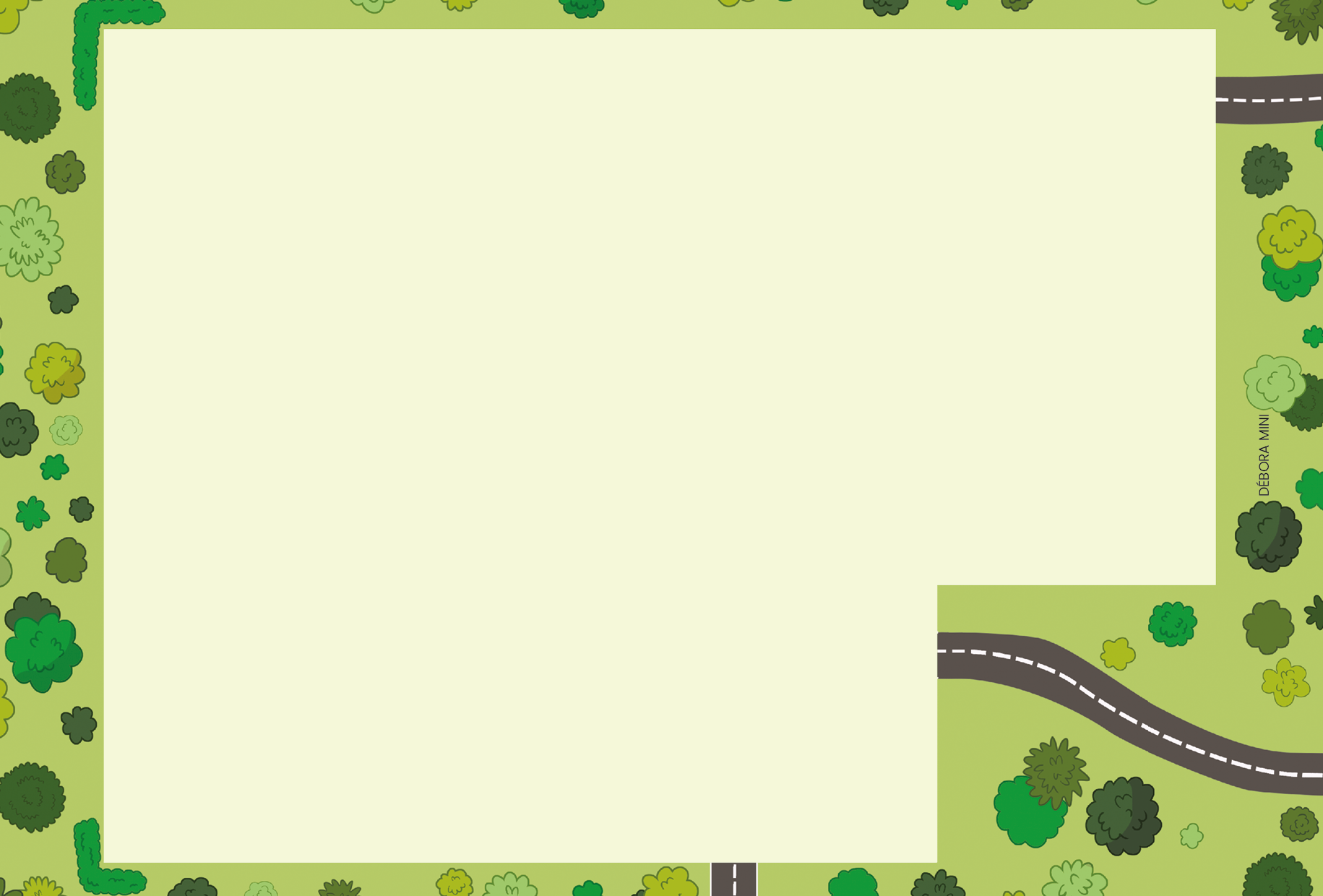 retângulo verde com marcação de um espaço vazio ao centro e ilustrações de árvores ao redor.